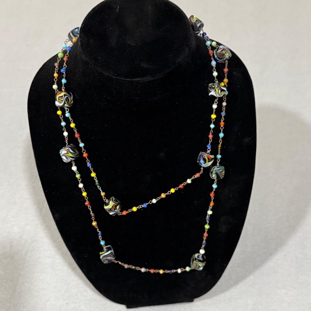 Vintage Murano Glass Bead Necklace Women Multicolor Swirl Art Glass Long
